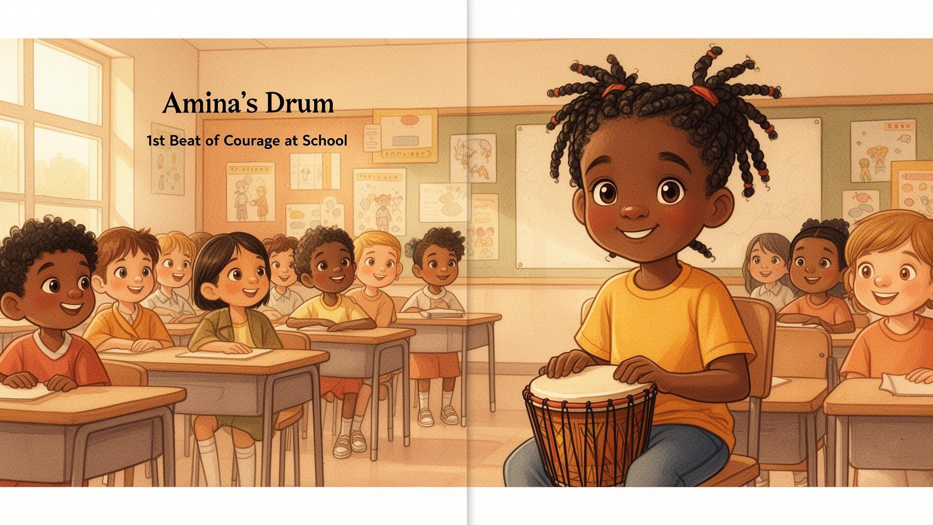 Interior spread from Amina's Drum: 1st Beat of Courage at School — Amina holding her djembe in class